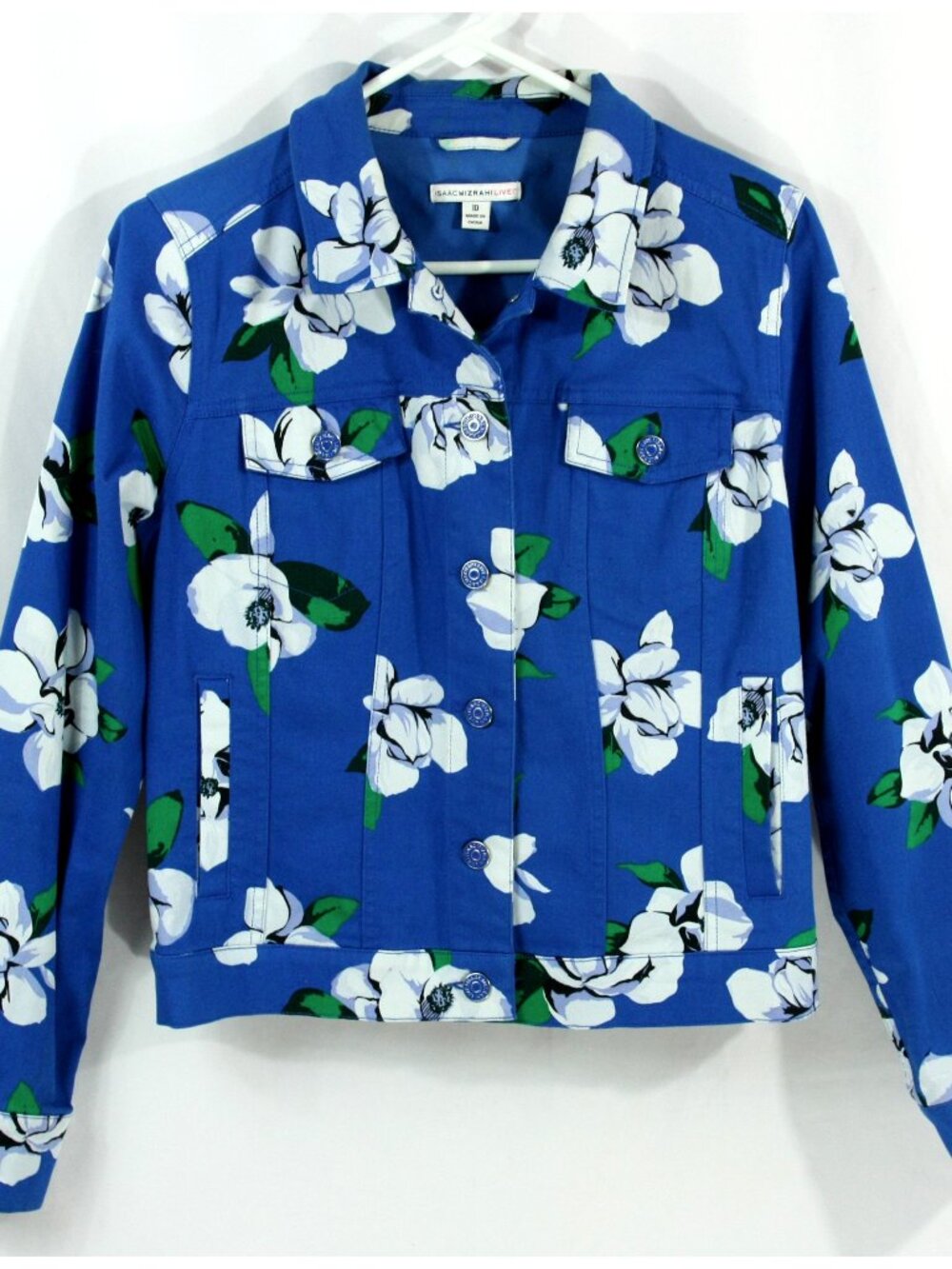 Isaac Mizrahi Live Blue and White Floral Button Front Denim Jean Jacket 10 M